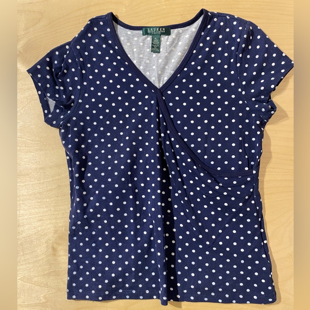 Ralph Lauren Navy Short-Sleeve Polka Dot Faux-Wrap Top PL (QU)